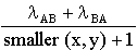 (lambda-subscript-AB + lambda-subscript-BA)/[smaller(x,y) + 1]